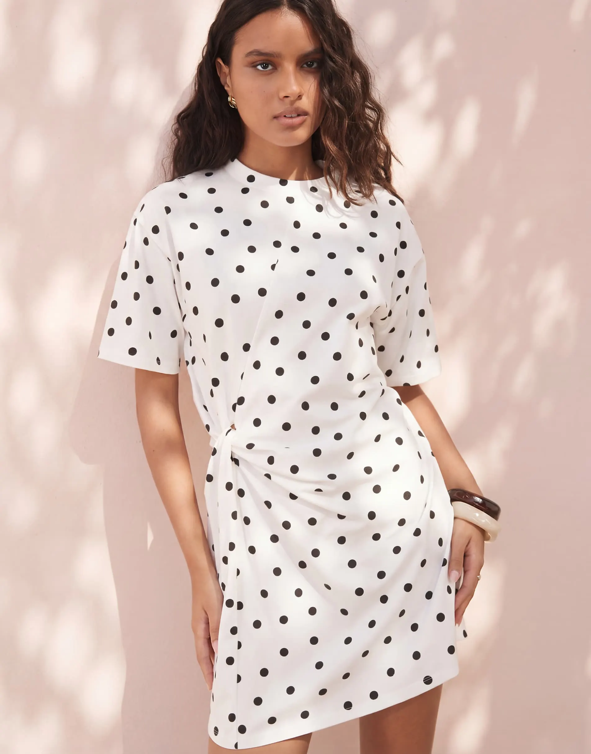 ASOS DESIGN wrapped waist mini dress in mono polka dot