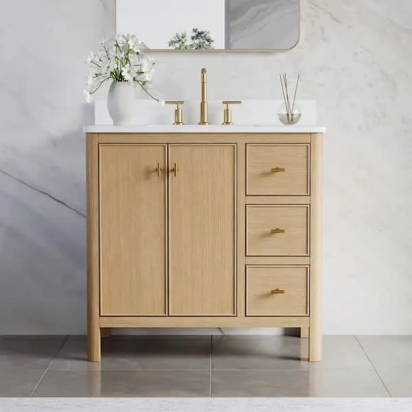 ANGELES HOME 36 in. Freestanding Solid Wood Oak Bath Vanity with White Quartz Top Assembled, Soft-Close Dovetail Drawer, Backspalsh