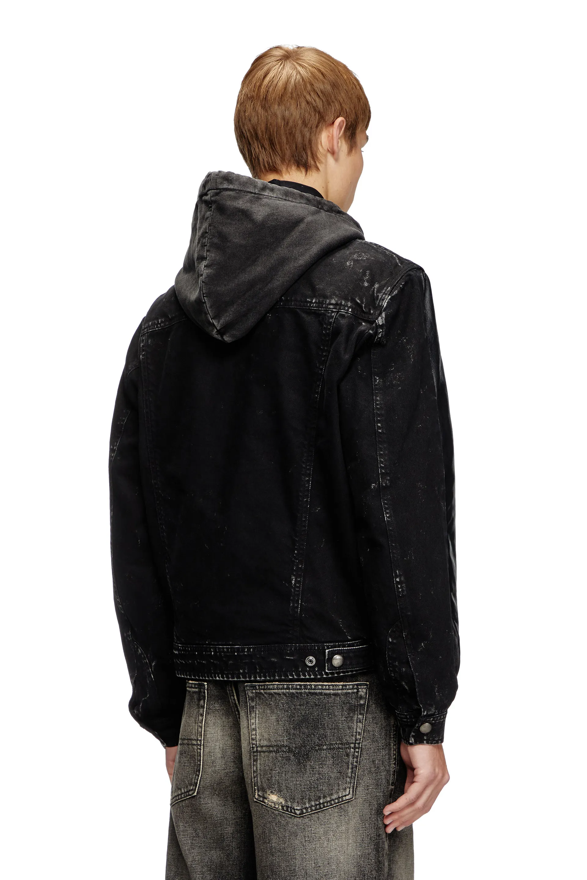 Hooded jacket in leather, cotton and denim