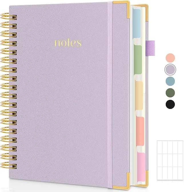 SKYDUE 5 Subject Notebook with Dividers and Tabs, 8" x 10" College Ruled Notebook for Work, 300 Pages Spiral Journal for Women, Purple