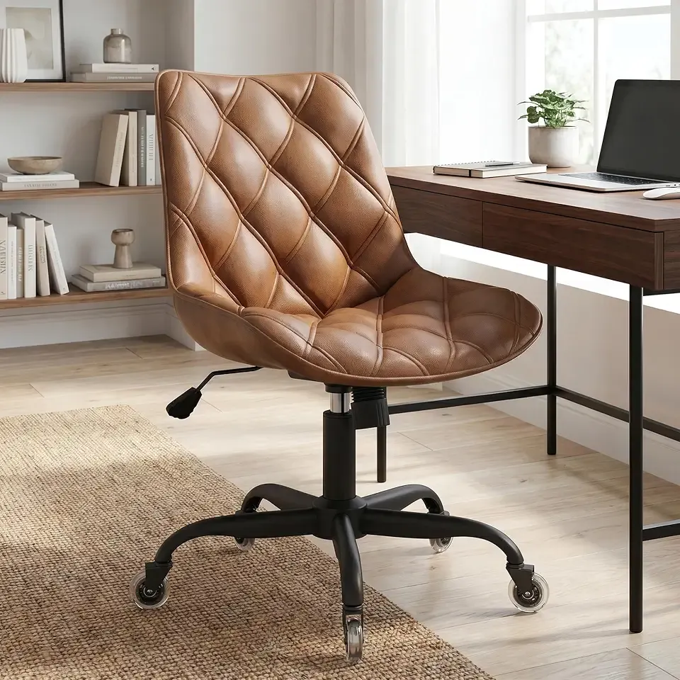 Armless Office Chair, Mid Back Modern Desk Chair with Rubber Wheels, 360 Swivel PU Leather Office Chair No Arms, Adjustable Height Small Computer Chair, Armless Desk Chair for Office, Brown