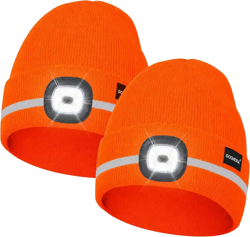 LED Beanie Hat with Light, 2 Pack Rechargeable Winter Beanie with Reflective Stripe, Warm Knit Caps for Men and Women