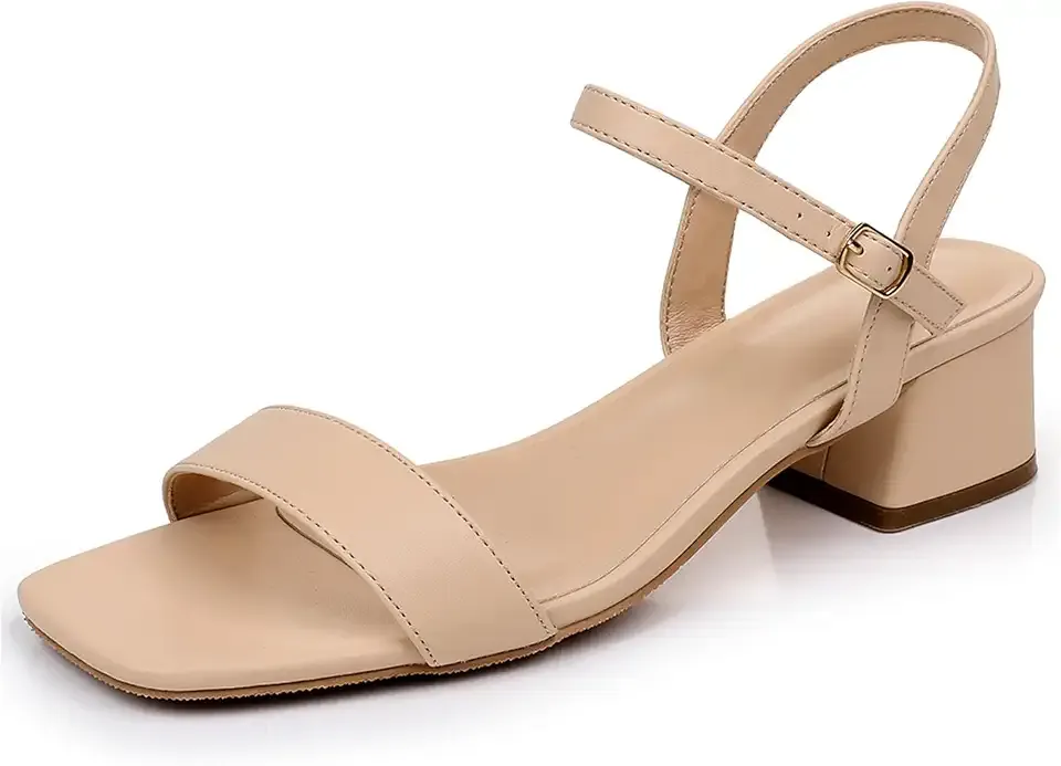 Women's Low Block Heel Sandals - Open Toe Ankle Strap Comfortable Walking Party Dress Sandals for Women - Black Nude Chunky Heels 1.77 Inch