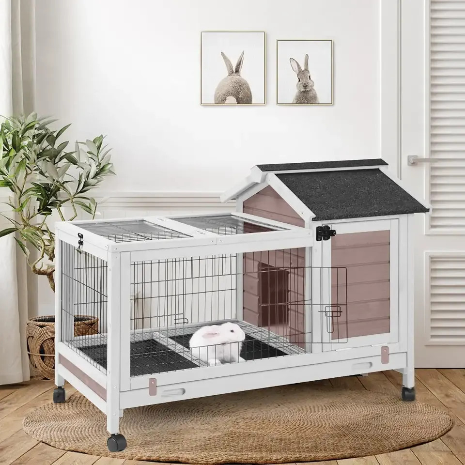 GUTINNEEN Large Mobile Rabbit Hutch Indoor Outdoor with Wheels, Deep Leak-Proof Pull-Out Tray & Wire Mesh, Waterproof Asphalt Roof Small Animal Cage with Openable Roof for Rabbits & Guinea Pigs