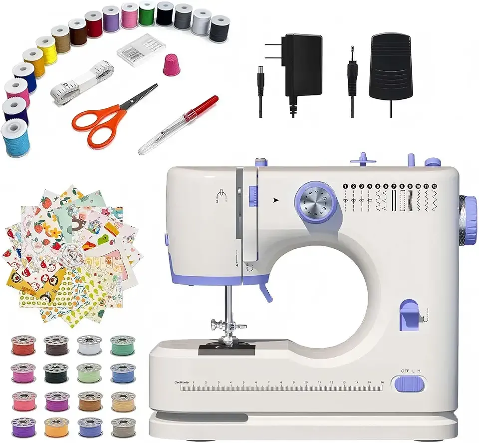Stoigeld Sewing Machine for Beginners with 20Pcs Fabric & 32Pcs Sewing Threads Kit,Portable Sewing Machine with 12 Built-in Stitches & 2 Speed(High-Low Speeds)-SM-725
