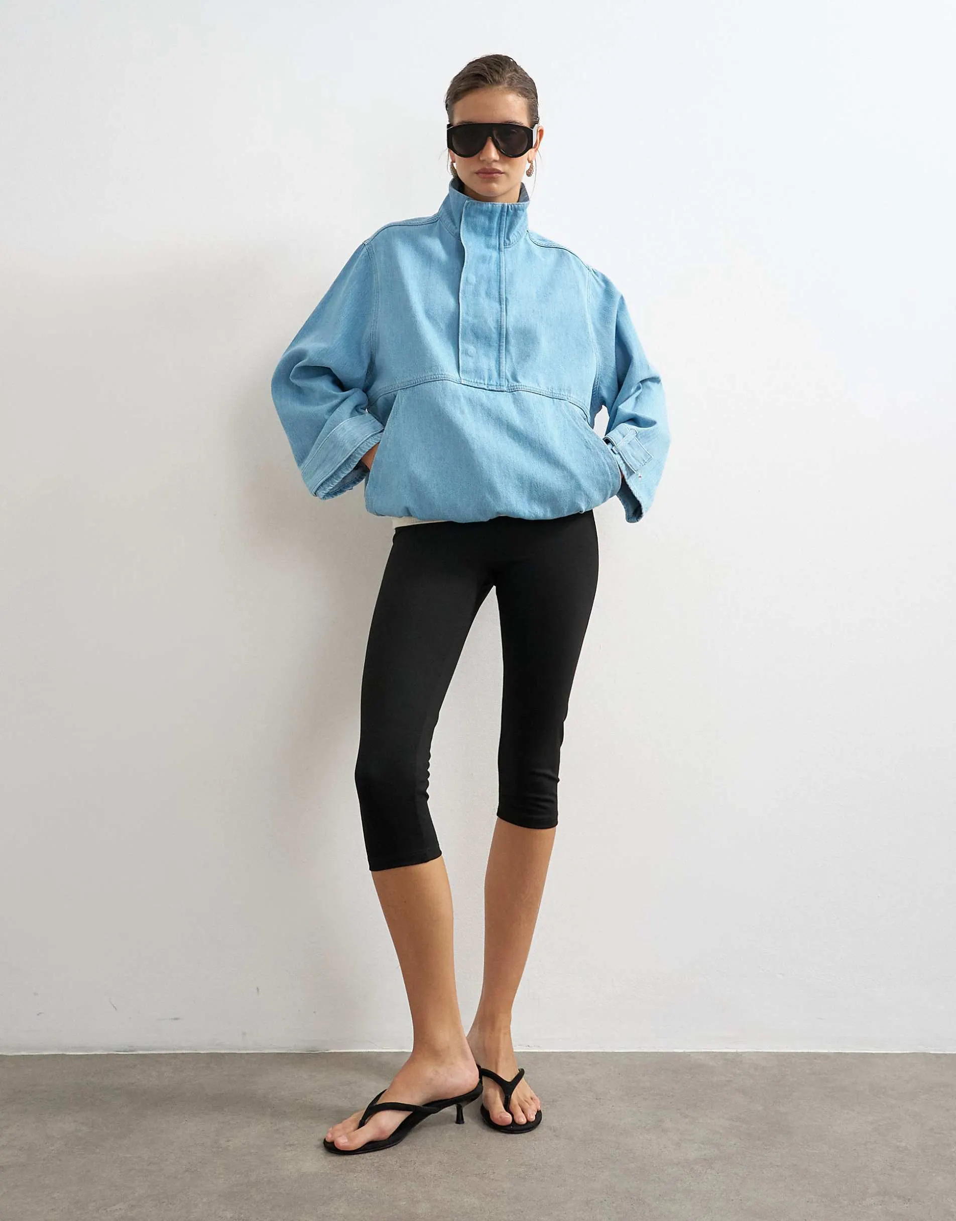 Topshop denim funnel neck bubble hem top in bleach