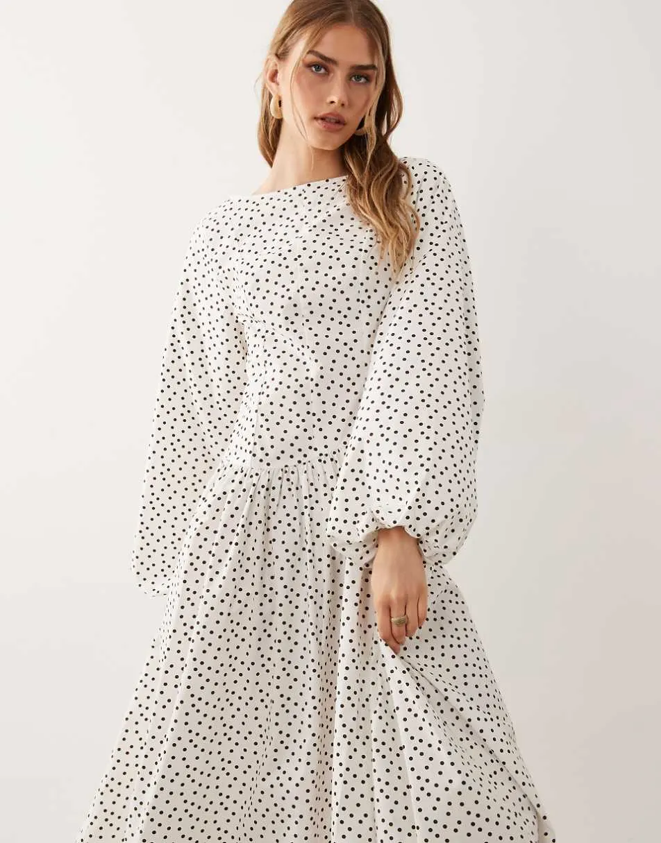 ASOS DESIGN poplin maxi dress with asymmetric waist and volume sleeve in chocolate polkadot