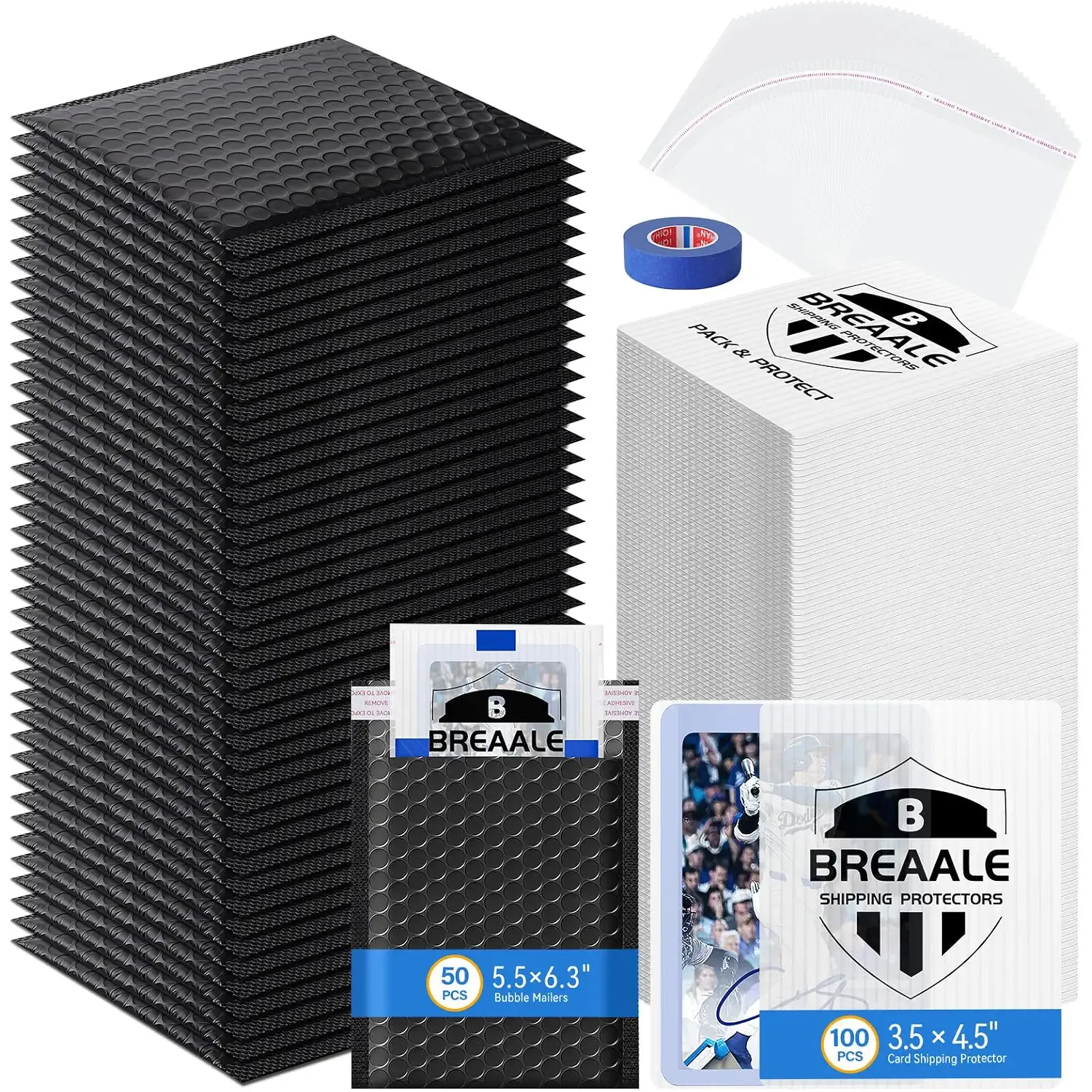 Trading Card Shipping Kit, Includes 100 3.5" x 4.5" Card Shipping Protectors, 50 Envelope Bubble Mailers, 50 Self-Seal Poly Bags, 20M Painter’s Tape for Raw Cards, Toploaders & TCG Singles
