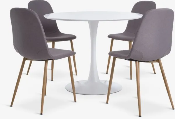 RINGSTED + JONSTRUP RINGSTED Ø100 tafel wit + 4 JONSTRUP stoelen grijs