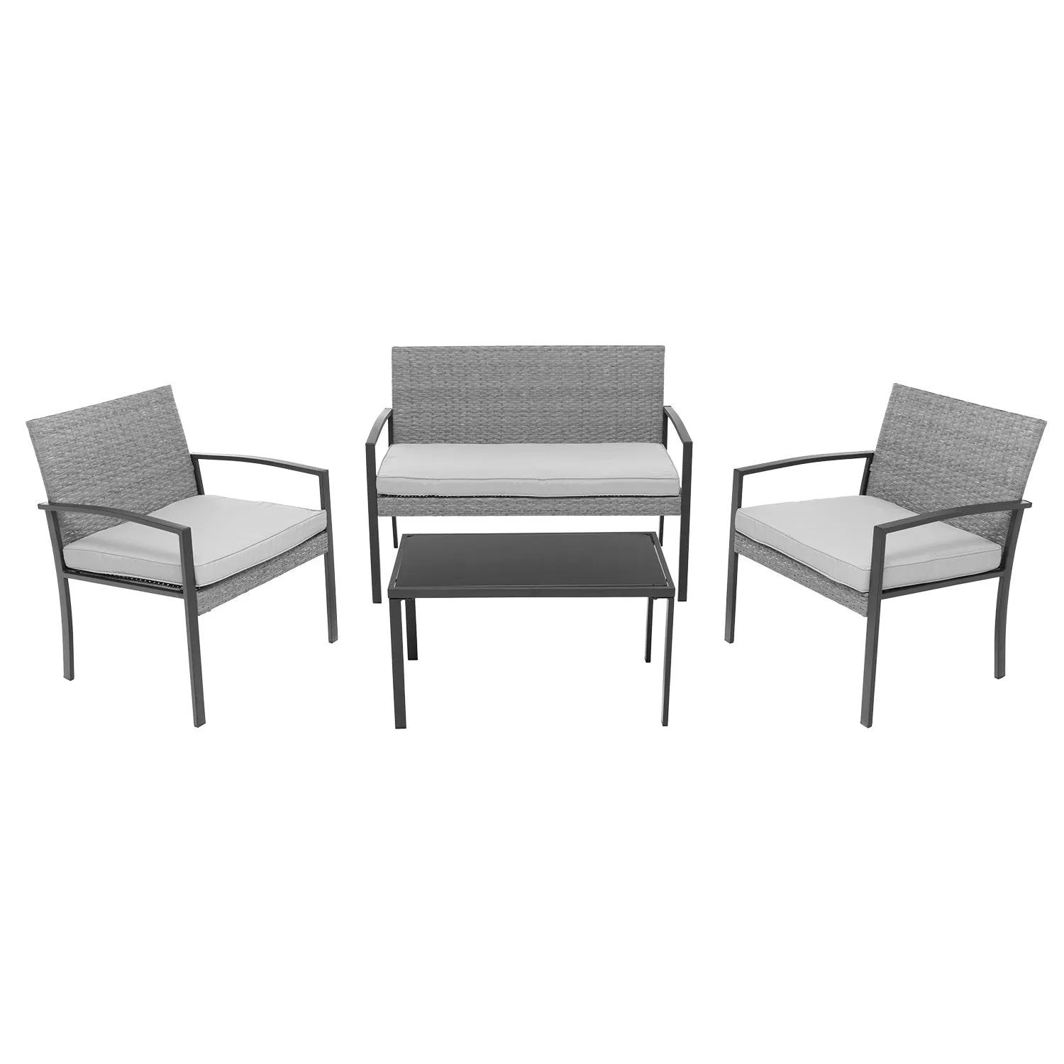 Set da giardino 4 pezzi Antracite Rattan sintetico con struttura in acciaio, top in vetro e cuscini Grigio