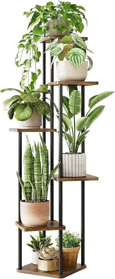 Corner Plant Stand Indoor 6 Tiered Tall Plant Stand Plant Shelf for Multiple Plants Coner Shelf Wood Plant Stands Metal Shelving for Living Room Bedroom Balcony Patio Brown Oak