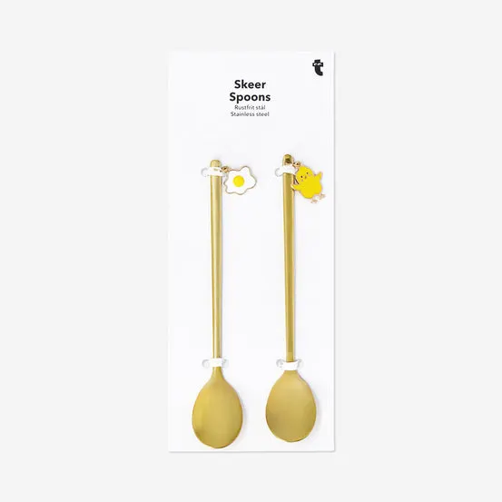 Gold dessert spoons with chick and fried egg charms - 2 pcs