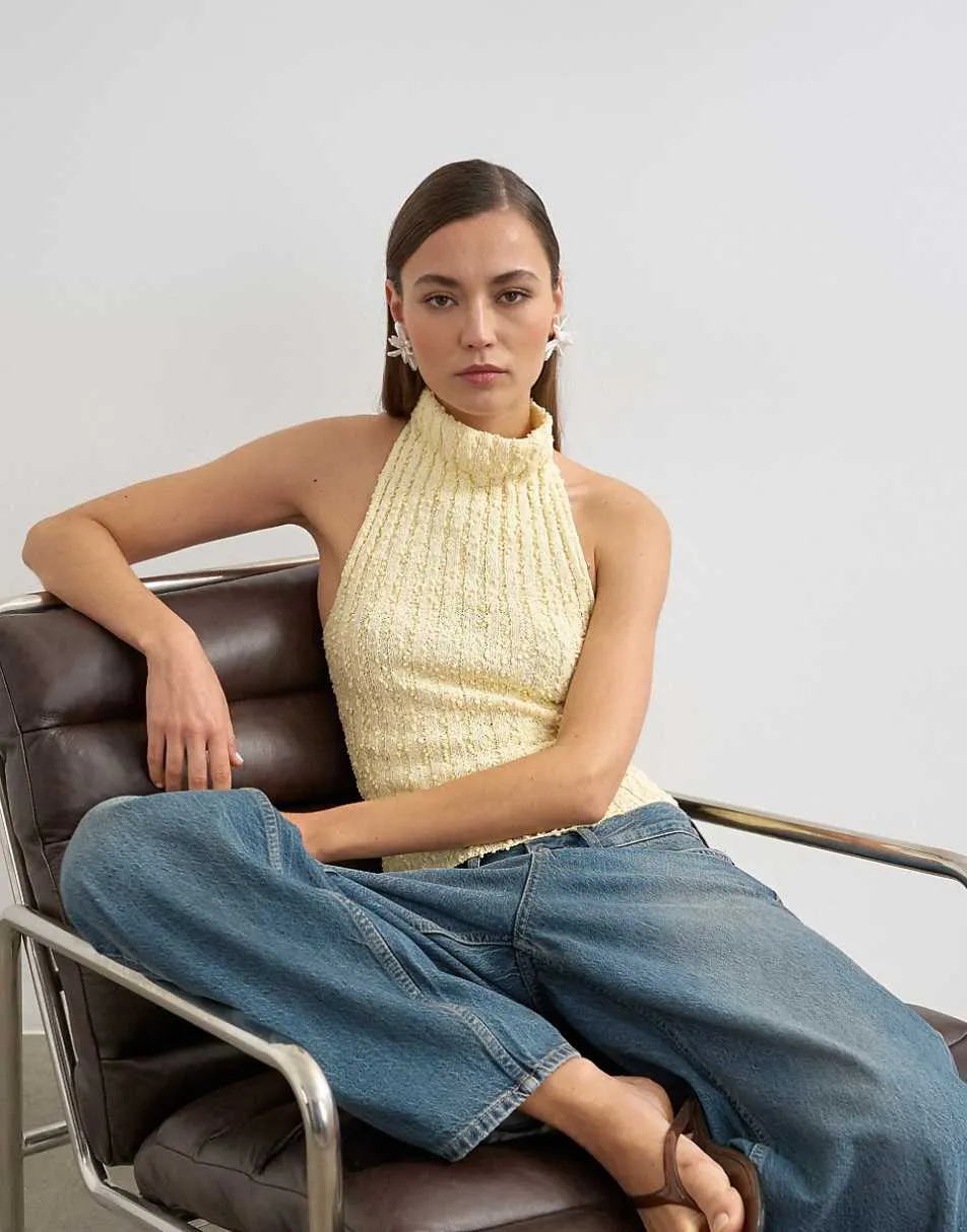Topshop knitted drape neck low back top in yellow