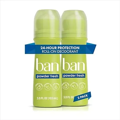 Ban Invisible Roll-on Antiperspirant Deodorant for Women and Men, 24-hour Underarm Odor & Sweat Protection, Powder Fresh, 3.5 Oz, Pack of 2 Ban Invisible Roll-on Antiperspirant Deodorant for…