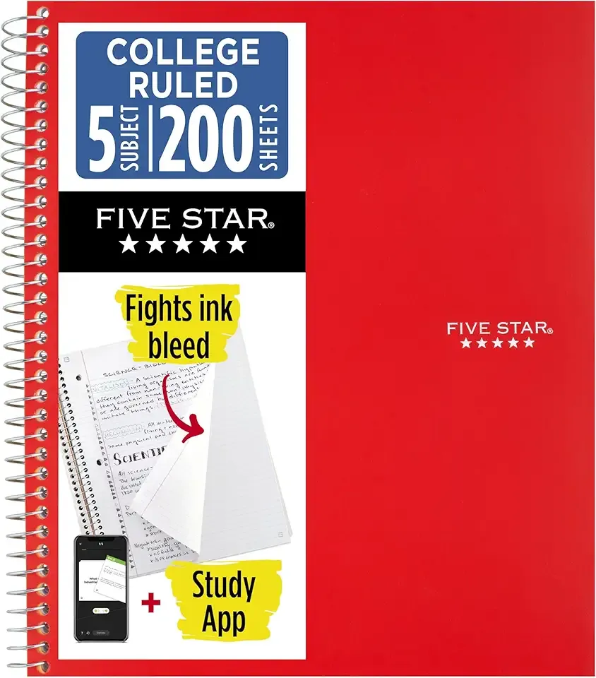 Five Star Spiral Notebook + Study App, 5 Subject, College Ruled Paper, 8-1/2" x 11", 200 Sheets, Fights Ink Bleed, Water Resistant Cover, Fire Red (72077)