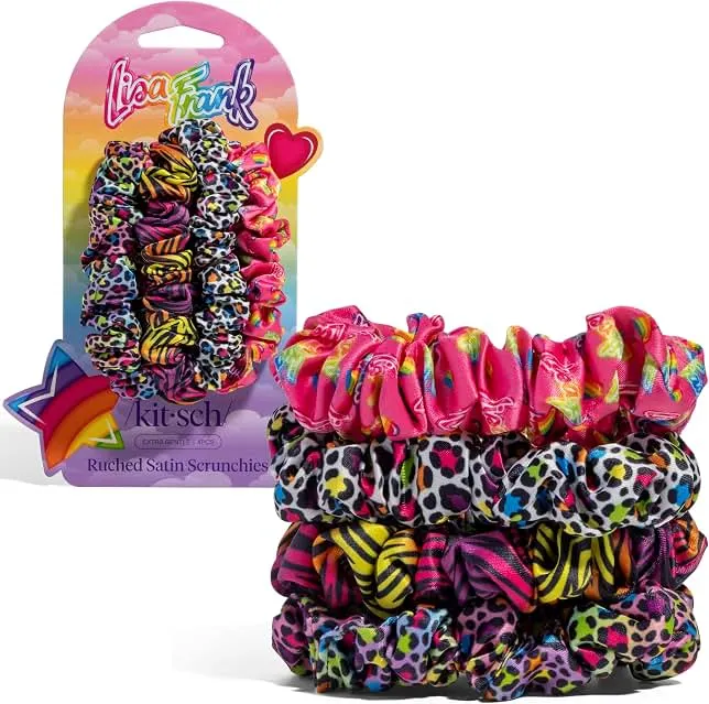 Lisa Frank x Kitsch Ruched Satin Scrunchies for Women- Rainbow Leopard 4pcs | Wake Up Frizz-Free, No Crease Hair Ties, Softer Than Si…
