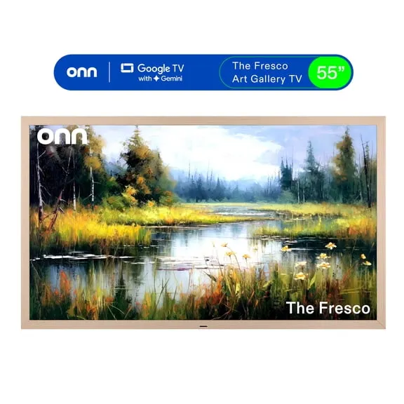 Deal, onn 55" The Fresco Art Gallery 4K UHD Google TV with Gemini , Golden Brown Frame and Mounting Kit Now $448.00 Was $548.00