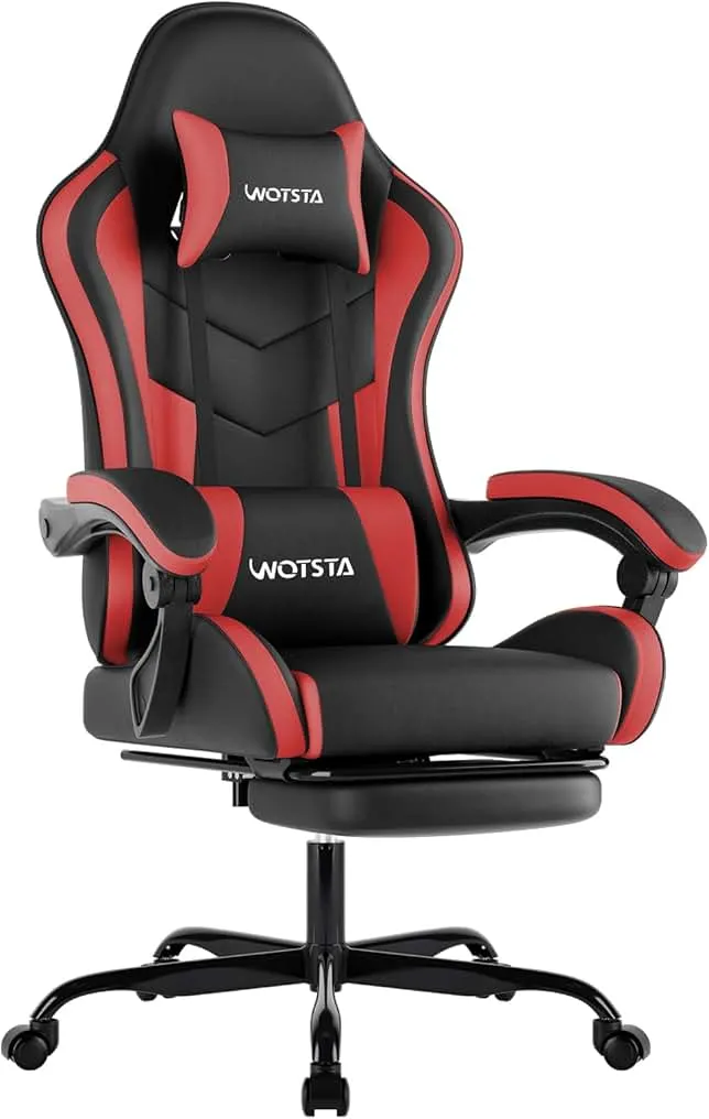 WOTSTA Ergonomic Gaming & Office Chair, Footrest, Racing Design Black/Red | PVC with headrest,lumbar, Adjustable…