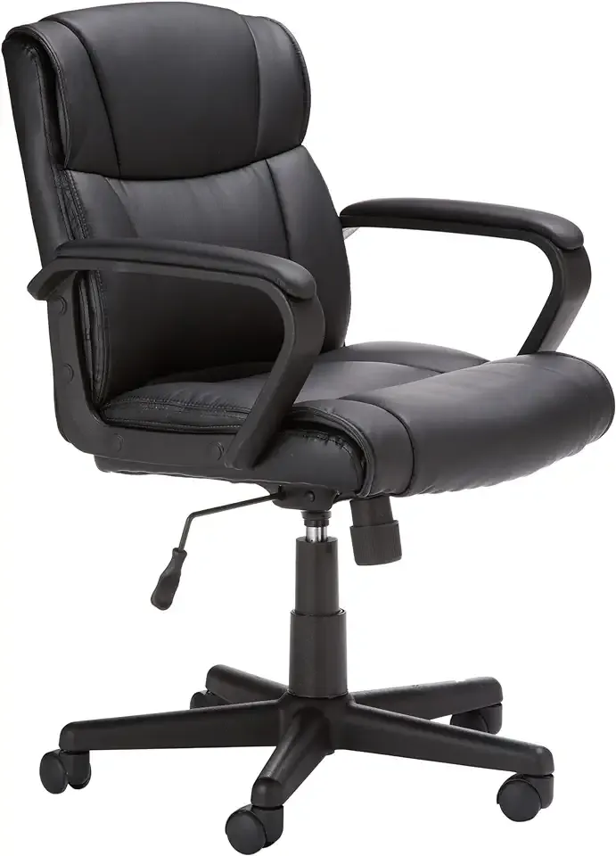 Amazon Basics Office Task Chair with Adjustable Height, 360° Swivel, Padded Armrests, Mid-Back, Rolling, 275 Pound Capacity, 24.2"D x 24"W x 34.8"H, Black Faux Leather