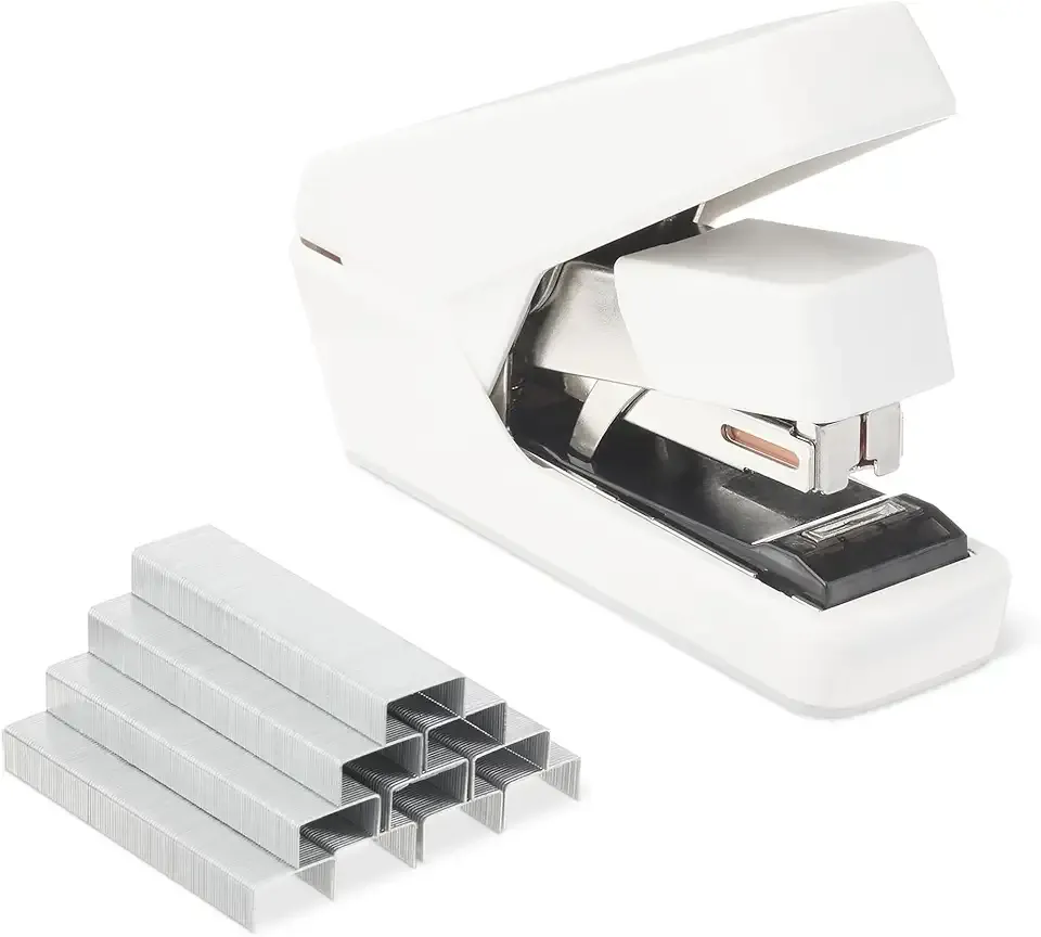 Amazon Basics Office Heavy Duty Stapler, Flat Clinch Effortless, 40 Sheet Capacity, 1000 Staples, No Jam, for Classroom, Office or Desk Use, White, 4.76 x 1.42 x 3.39 inches (LxWxH)