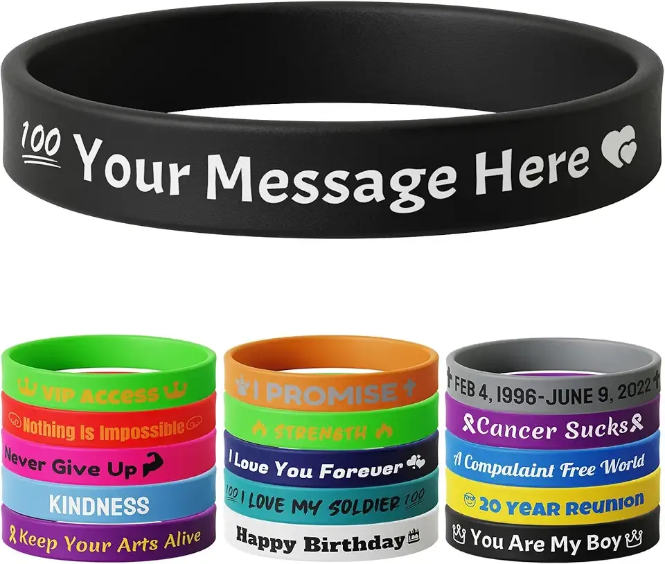 10-2000 Pcs Custom Rubber Bracelets with Text Personalized Silicone Wristbands bulk for Awareness, Events, Support, Gifts, Promotions