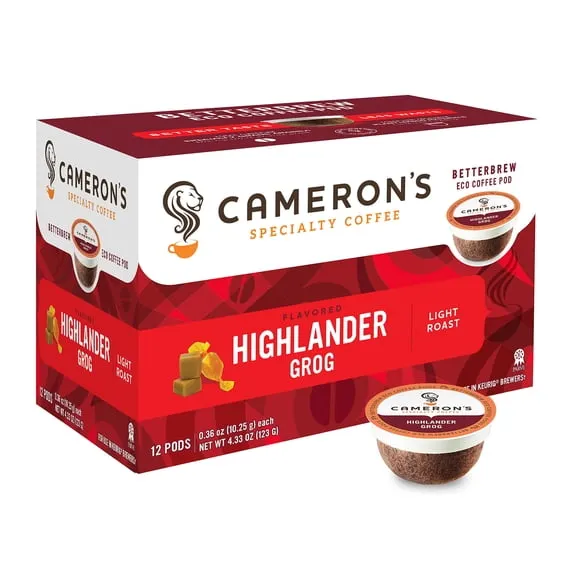 Cameron's Coffee Highlander Grog Flavored Light Roast Compostable Coffee Pods Single Serve K Cups for Keurig, Rum & Butterscotch, 12 count Ecopods Box $13.43 $3.10/oz