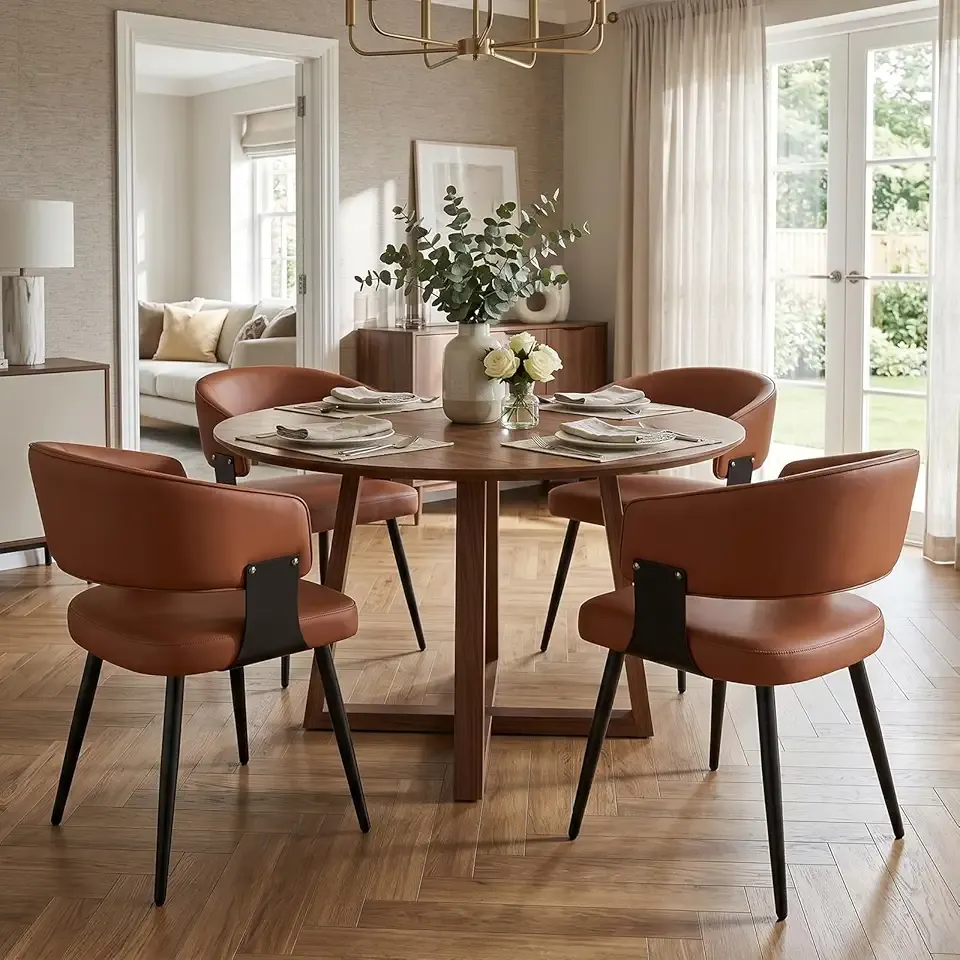 Dining Chairs Set of 4, Modern Upholstered PU Leather Kitchen & Dining Room Chairs with Curved Open Back Metal Legs, Kitchen Chairs for Dining Room Restaurant (Brown, Set of 4)