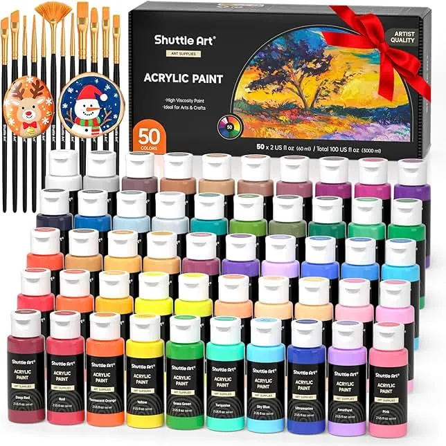 Shuttle Art Acrylic Paint, 50 Colors Acrylic Paint Set, 2oz/60ml Bottles, Rich Pigments, Water Proof, Premium for Artists, Beginners and Kids on Canvas Rocks Wood Ceramic Fabric