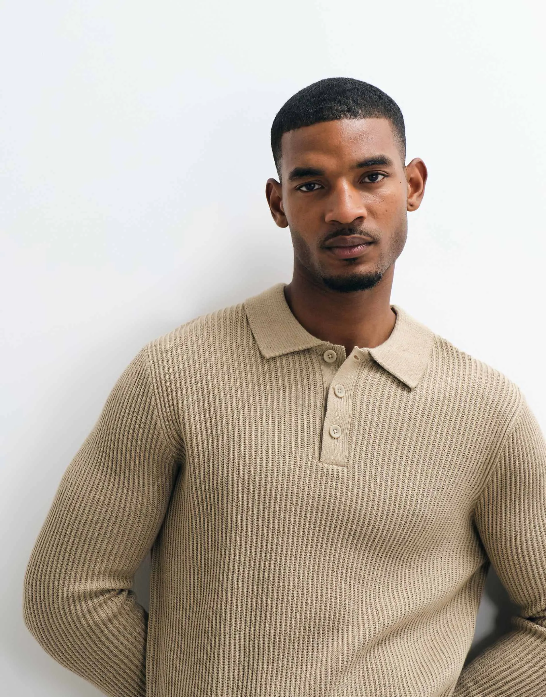 Jack & Jones fine rib polo jumper in beige