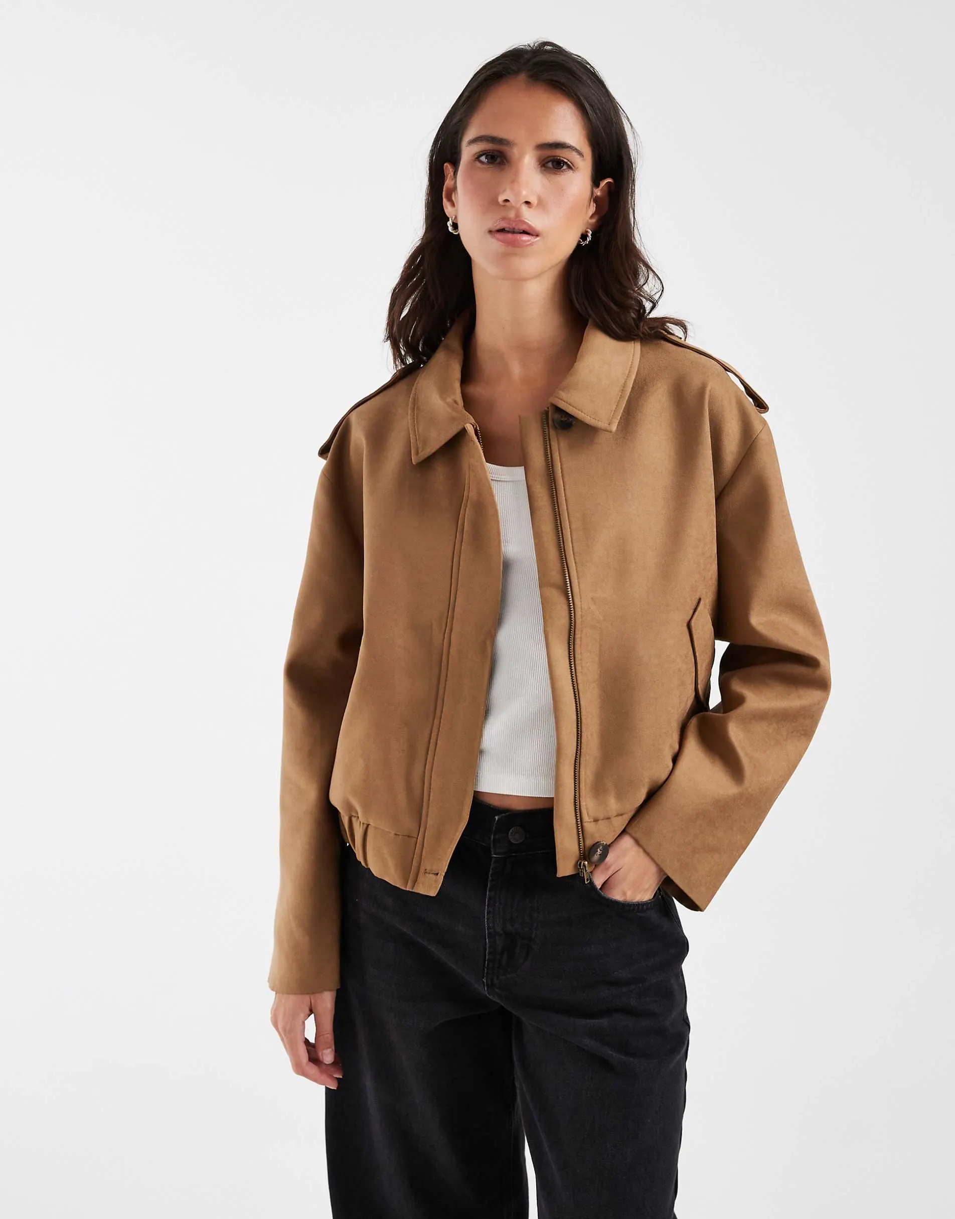 ASOS DESIGN top collar faux suede bomber jacket in tan