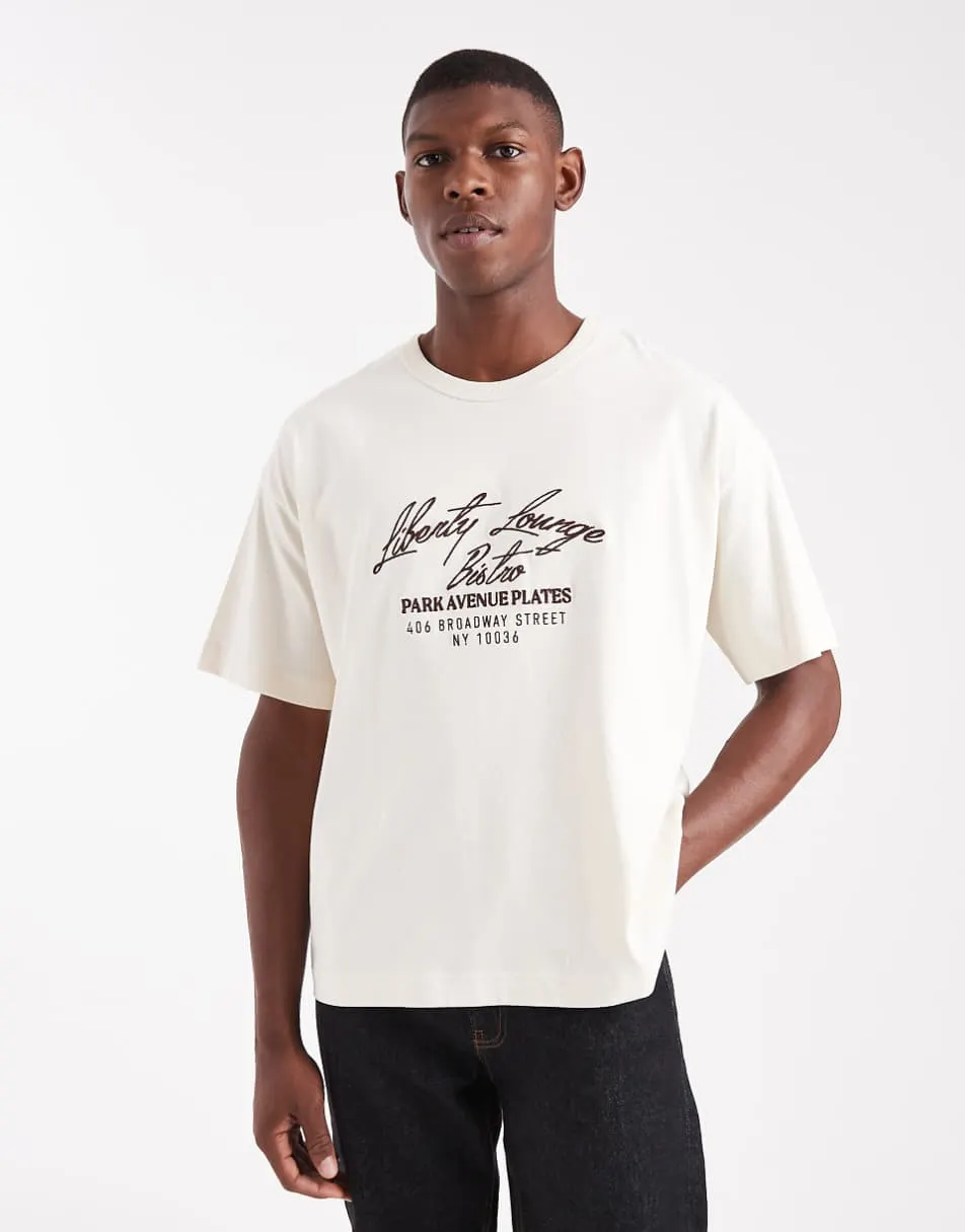 Jack & Jones boxy crop t-shirt with embroidered text in cream