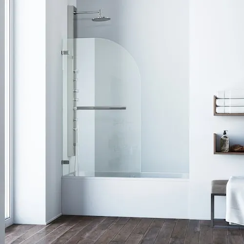 Orion 34 in. W x 58 in. H Frameless Hinged Bathtub Door in Stainless Steel with Clear Glass