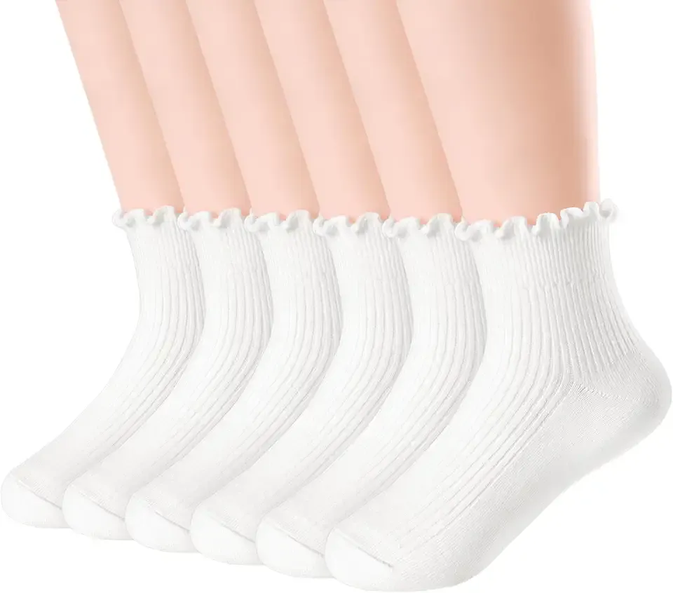 Ruffle Socks for Girls Age 3-10 Toddler School Uniform Kids Cotton Cute Frilly Ankle Socks 6 Pairs