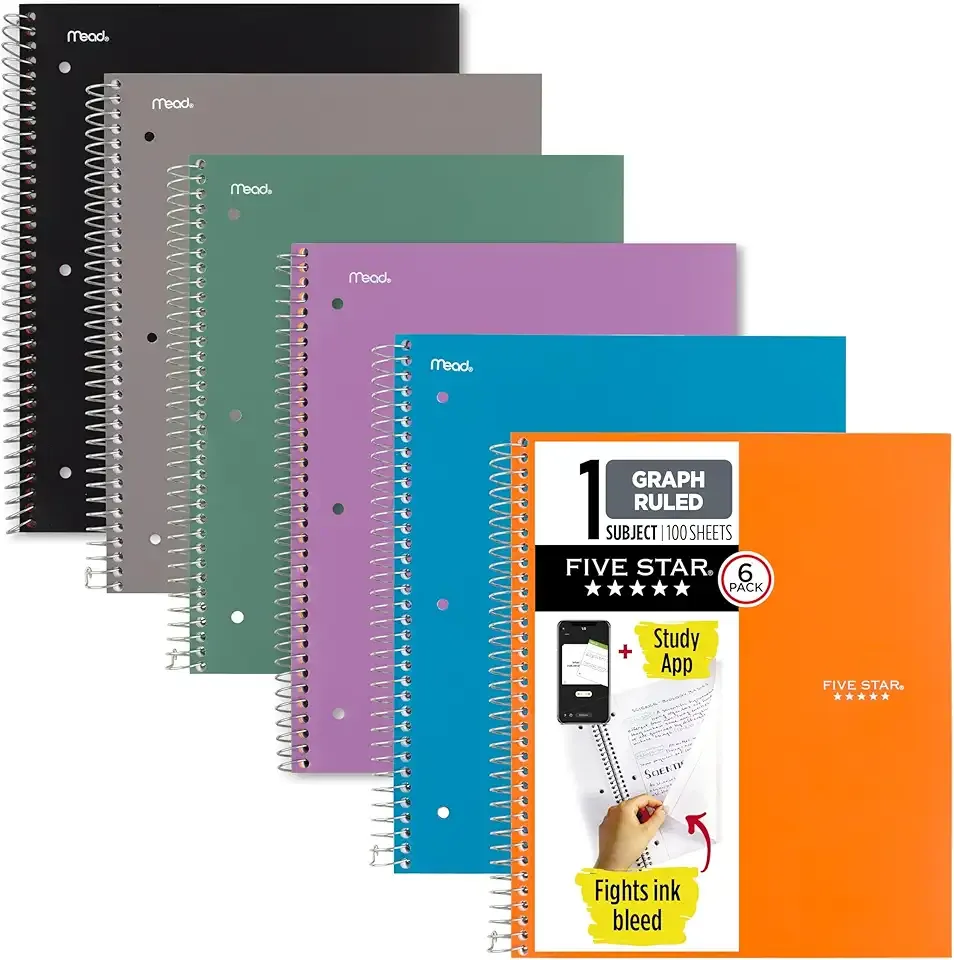 Five Star Spiral Notebook + Study App, 6 Pack, 1 Subject, Graph Ruled Paper, 8-1/2" x 11", 100 Sheets, Fights Ink Bleed, Water Resistant Cover, Assorted Colors (73549)