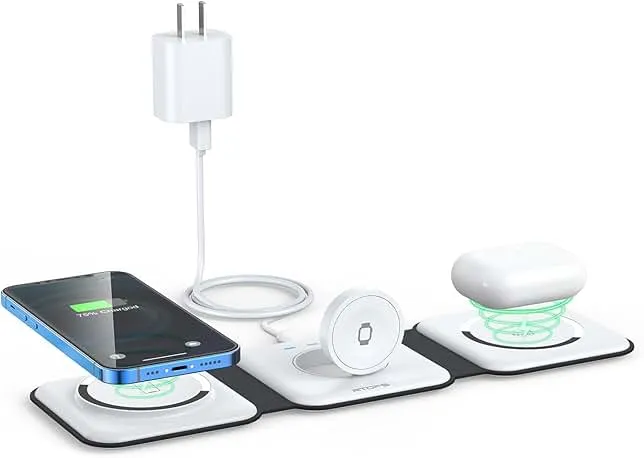 Wireless Charger 3 in 1,RTOPS Magnetic Travel Wireless Charging Station Multiple Devices,GaN 3 in 1 Charging Station,Compatible for iPhone16/15/14/13/Pro/Max,iWatch,AirPods4/3/2/Pro(Adapter In…