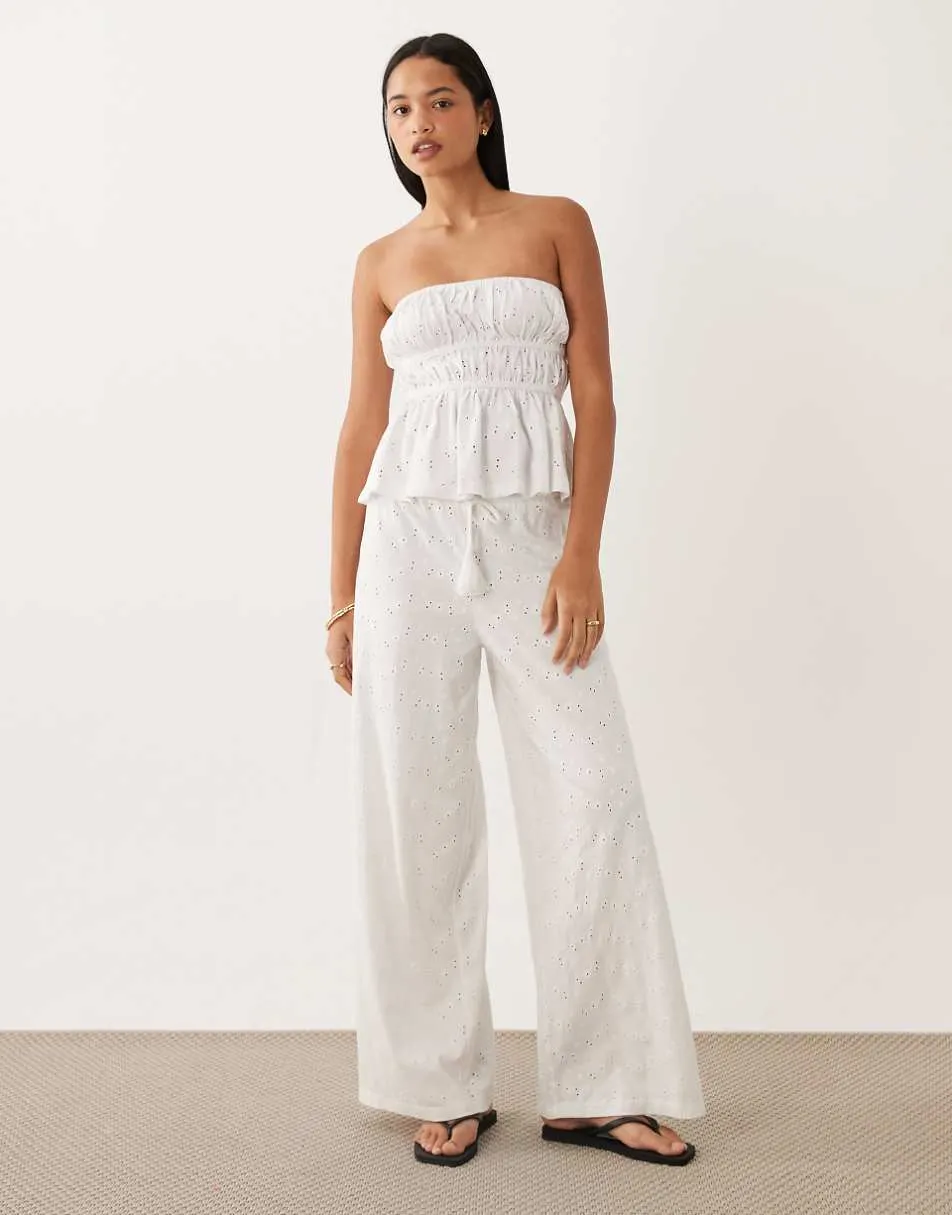 ASOS DESIGN wide leg drawcord tassle detail jersey broderie co-ord in white