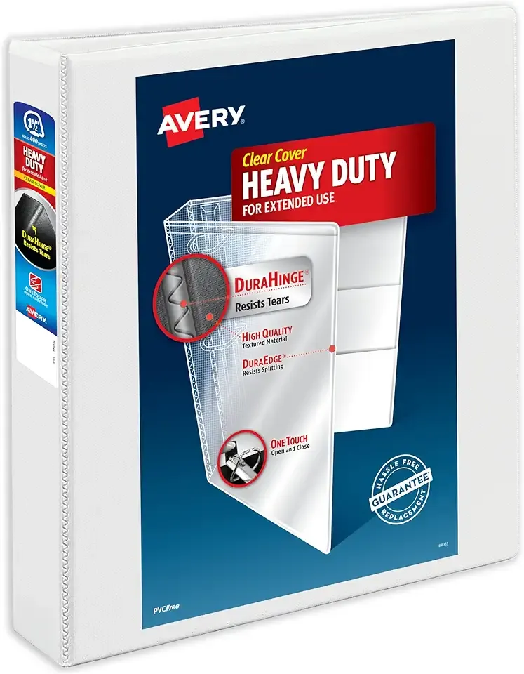 Avery Heavy-Duty View 3 Ring Binder, 1.5 Inch One Touch Slant Rings, 375-Sheet Capacity, DuraHinge, 2.1 Inch Wide Spine, Customizable Clear Cover and Spine, 1 White Binder (79795)