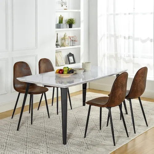 5-Piece Modern Dining Set-Faux Marble White Table & Brown Suede Chairs,Sturdy for Home,Dining Room