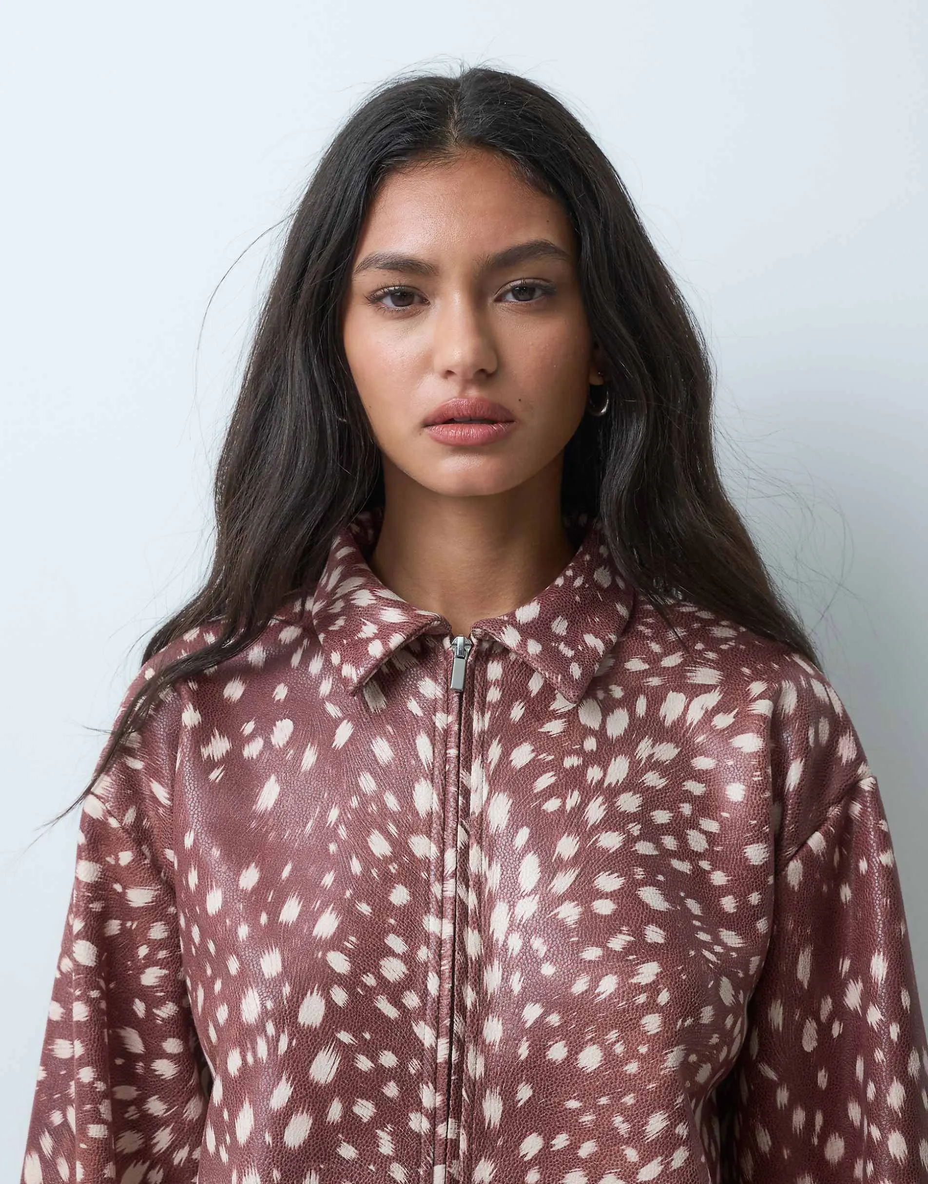 ASOS DESIGN zip up jacket with faux fur cuff trim in deer print