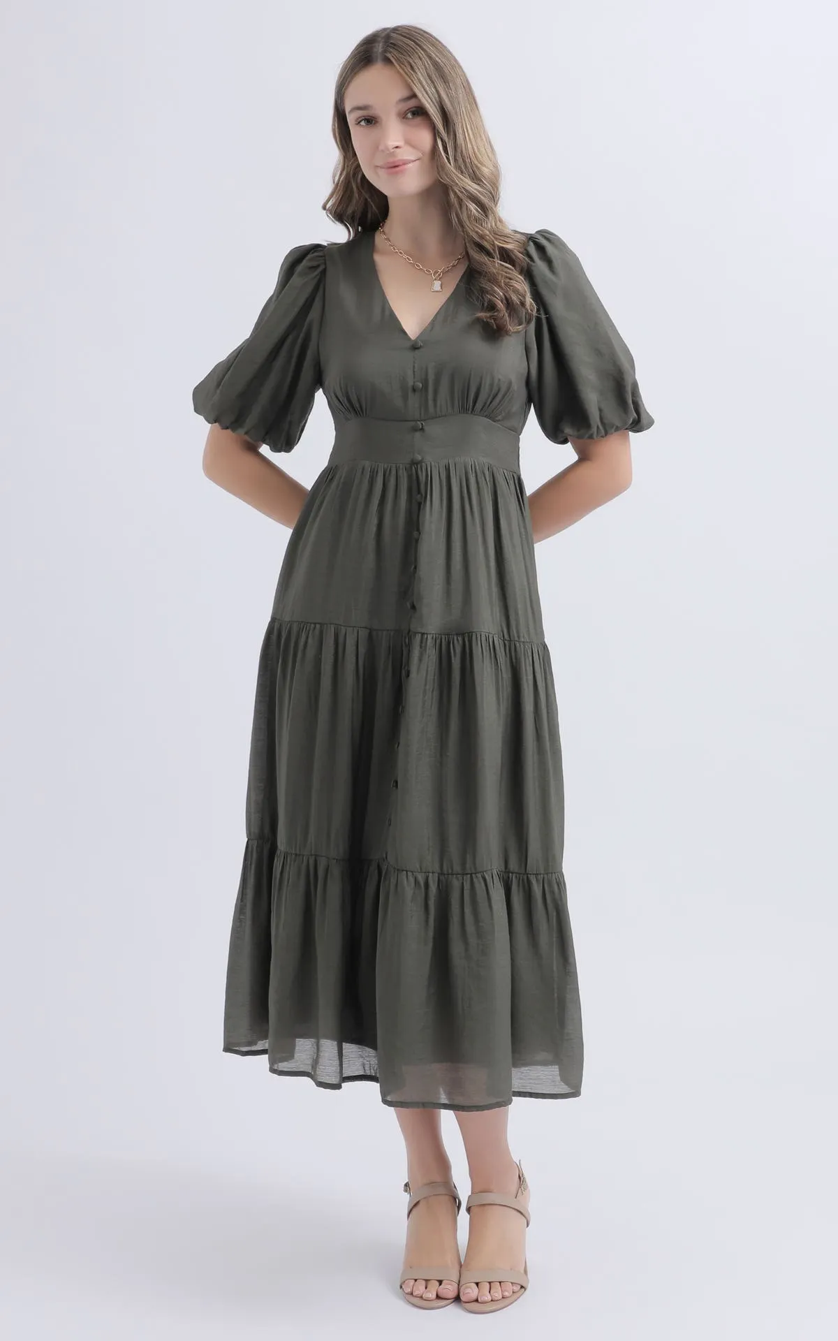 Voile Button Front Puff Slv Dress