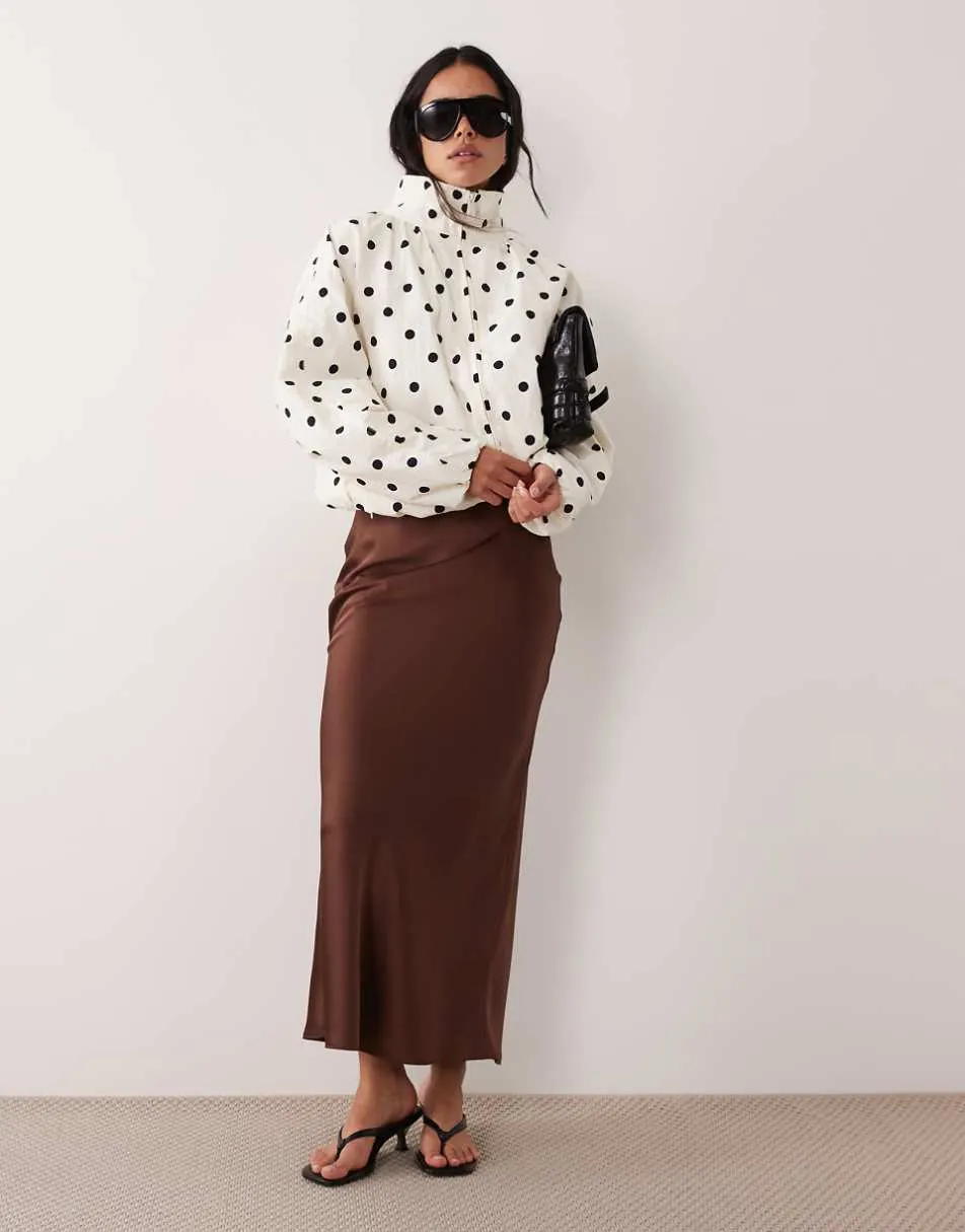New Look satin bias midi skirt in brown