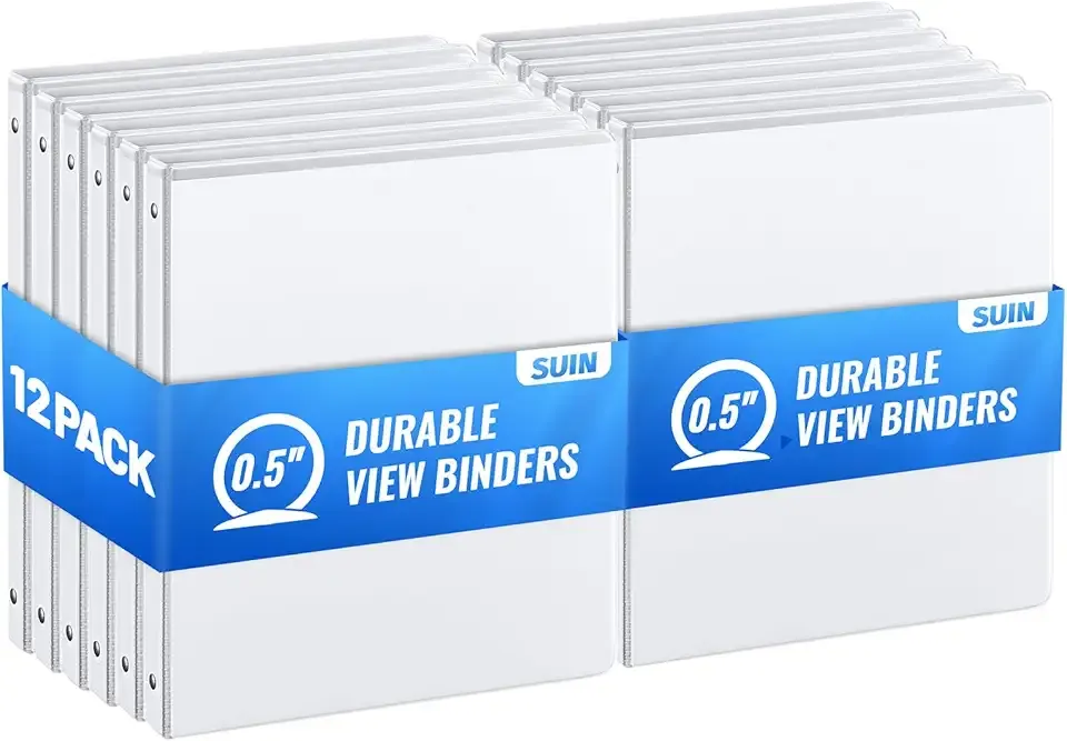 Basic 3 Ring Binder -1 or 1/2'' Binders with Roung Ring Binder, Large 100/200 Sheet Capacity, Fit 8.5" x 11" US Letter Size Paper, 12 Pack White (0.5'' White - 12 Packs)