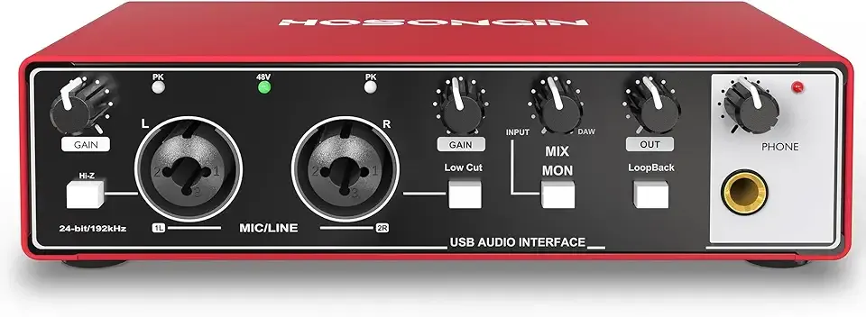 HOSONGIN USB Audio Interface for Beginners - 24Bit/192kHz, 48V Phantom Power, Plug & Play Recording for Podcast/Vocals/Guitar/Youtube, PC/Mac/iOS Compatible (New Red Metal)