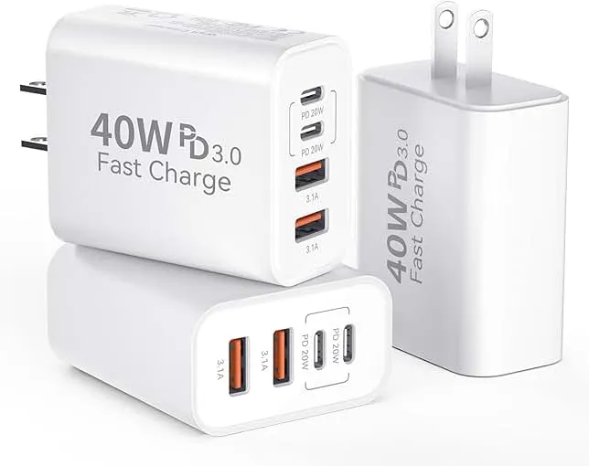 USB C Wall Fast Charger Block, 40W 4-Port Type C Chargers Fast Charging Blocks PD Power Charger Adapter+QC 3.0 USB Multiport Charger Brick for Phone 17/16/15/14/13/12 Pro Max, i-Pad, Galaxy S25-3Pack