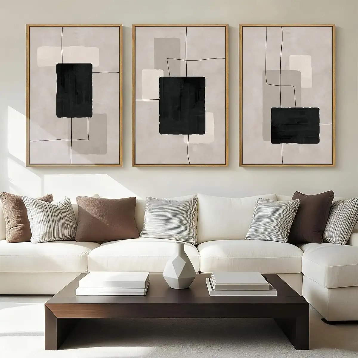 ANHUIB Modern Abstract Wall Art Canvas,Neutral Abstract Wall Art Framed,Contemporary Minimalist Prints,Geometric Line Artwork,3 Piece 16 * 24IN Mid Century Painting for Living Room Bedroom Office