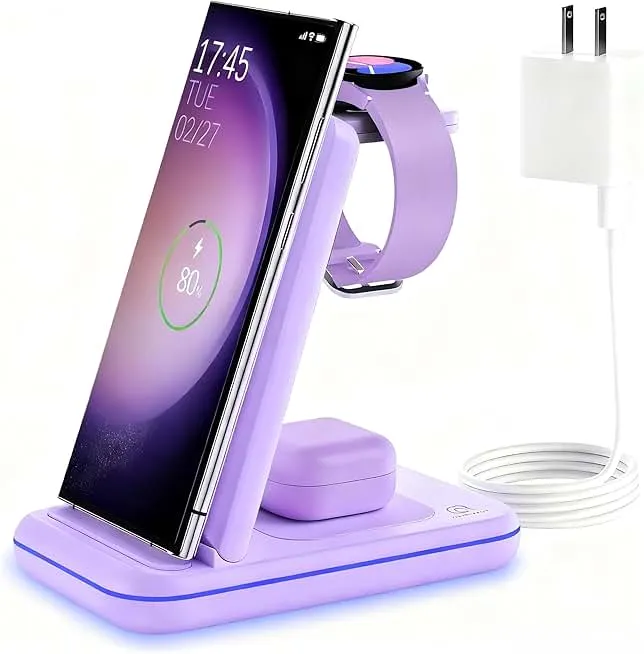 Wireless Charging Station for Samsung/Android, Fast Wireless Watch Charger Station Compatible for Samsung Galaxy S25 Ultra/S24/S23+/Z Flip 7/6 Fold 7/6, Watch8/7/Pro/Active 2 Galaxy Bu…