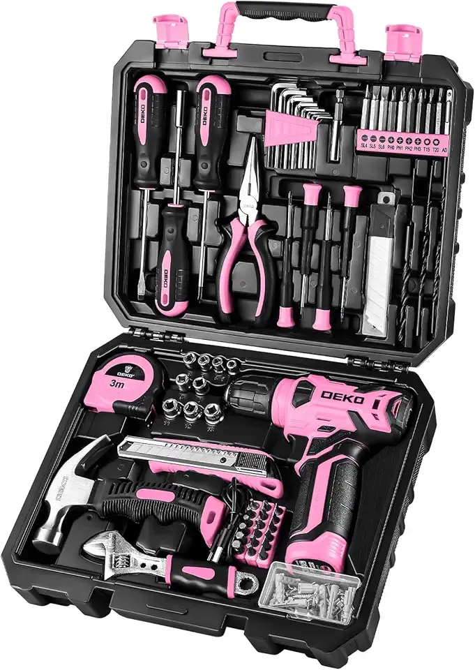 DEKOPRO Drill Set, Home Tool Set with 8V Pink Cordless Drill, Hand Tool Kit for Women, 126 pcs