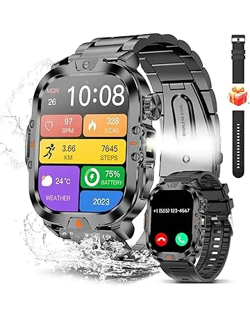 BRUBOSES Smart Watch for Men Military Answer/Make Call 2.01″ Display 170+ Sports Modes Fitness Smart Watch IP68 Waterproof 30 Days Standby Smartwatch for Android iOS Black (2 Straps)