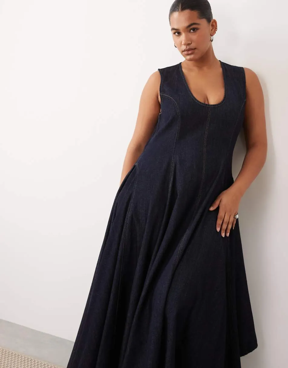 ARRANGE Curve drop neck denim pleated hanky hem maxi dress in indigo