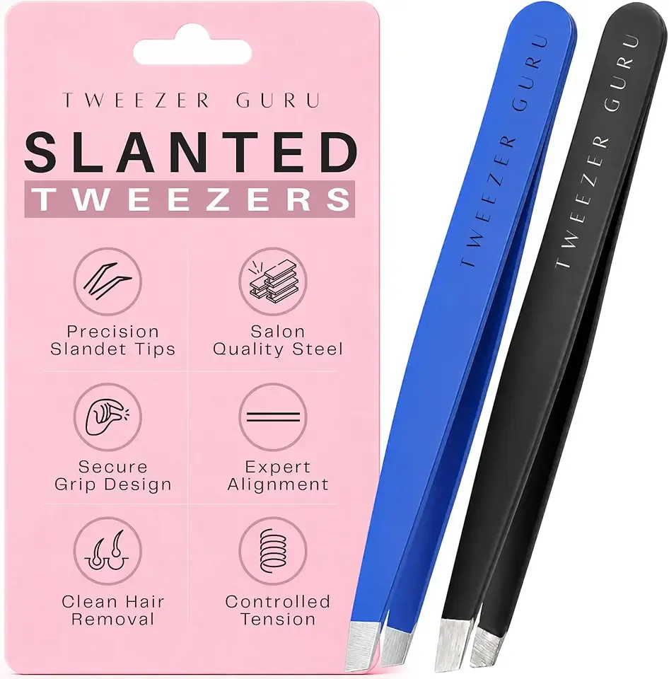 TWEEZER GURU 2 piece - Slant Pointed Precision Tweezers for Eyebrows, Ingrown Hairs, Blackheads - Sharp Needle Nose for Plucking, Splinters